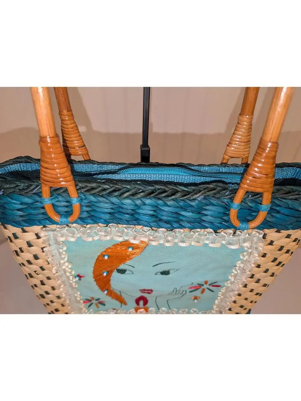 Vintage Unique Handwoven Straw Tote  with Embroidered Art Panel Bamboo Handles